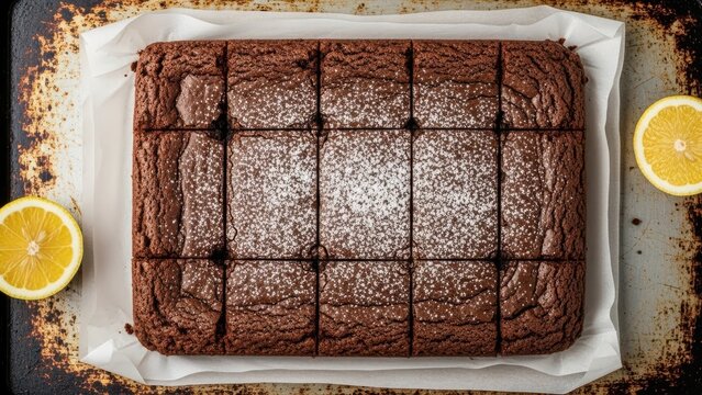 Rectangular chocolate brownie slab, dusted with powdered sugar and cut into squares, resting on parchment paper on a rustic baking sheet with two lemon halves