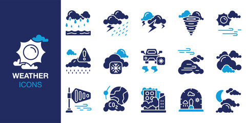 Naklejka premium Weather Icon set. Containing rain, storm, thunder, lightning, snow, snowy, wind and more. Solid vector icons collection. Vector illustration.