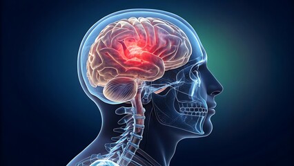 a translucent side view of a human head reveals a glowing brain with a highlighted inflamed region and spinal structure