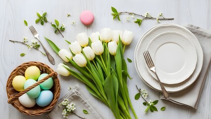 Spring table decor with pastel eggs flowers and plates