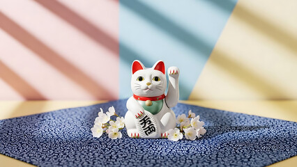 A white Maneki-Neko figurine sitting on a blue mat with flowers