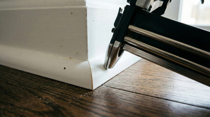 Pneumatic finish nail gun installing white baseboard molding trim