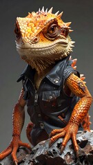 A close-up of a stylish reptile, resembling a lizard, wearing a leather jacket and staring directly at the viewer with an intriguing expression