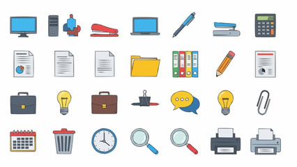 Office Supplies and Stationery Icons Set for Business and Organization.