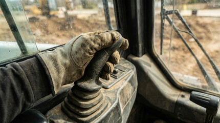Heavy machine operator hand gripping joystick controller in cabin