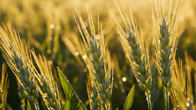 Golden wheat field with dew drops on ears and stalks in sunlight close-up view