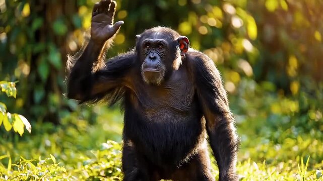 Majestic chimpanzee standing aggressively in lush green forest habitat
