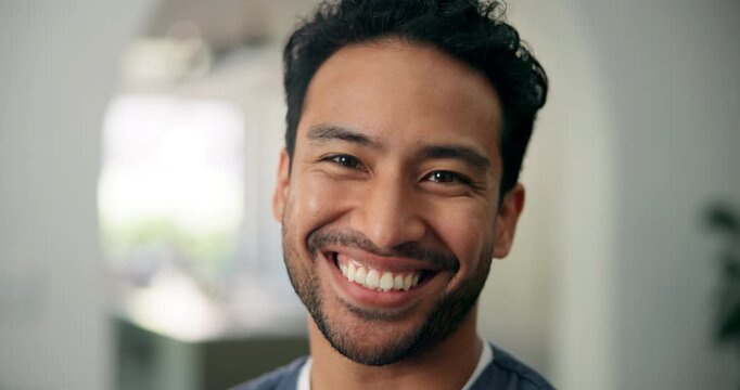 Laughing, smile and face of man in home for pride, comfortable and staycation break. Happiness, funny joke and weekend with portrait of person in living room of apartment for calm and confidence