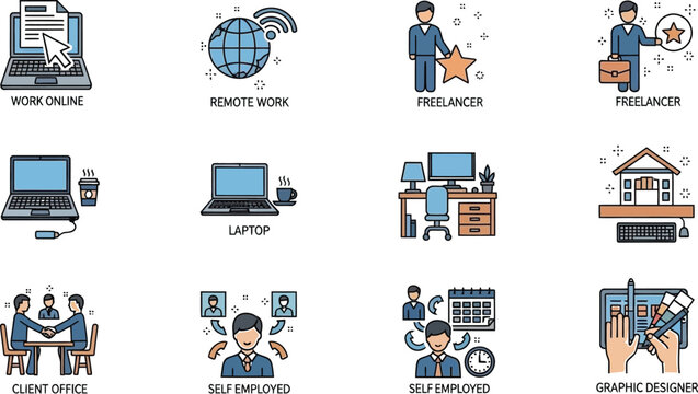 Collection of twelve business and remote work related icons illustrating concepts like freelancing client meetings self employment and graphic design tasks