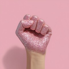 Glittering Pink Fist on Pastel Background