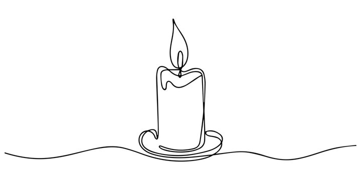 Candle light continuous one line drawing, One line drawing of a candle with flame blending into a swirl, minimalist continuous single line art in black on white, drawing of two burning candles with me