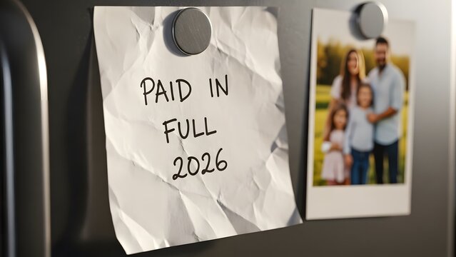 Paid in full 2026 handwritten note attached to refrigerator with magnet next to blurry family photo symbolizing financial freedom mortgage debt payoff achievement future goals and happy domestic life