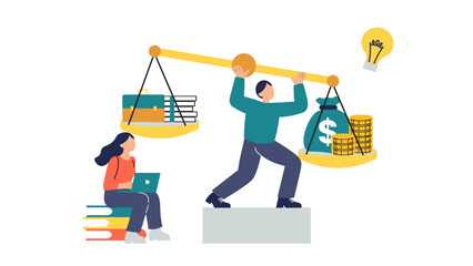 Person working to balance life, education, and financial goals on a scale