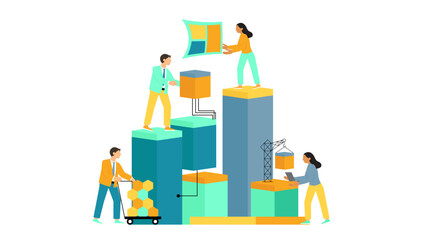Business team members collaborating, carrying, and arranging blocks to build a growing bar graph