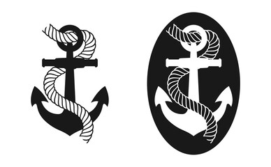 Anchor with rope nautical black and white icon set