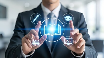 Businessman interacting with digital education icons on screen