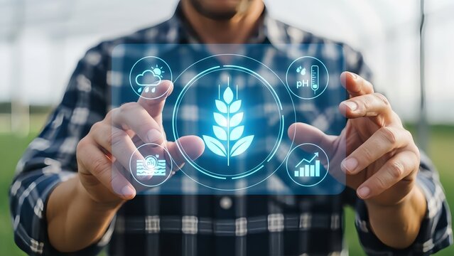 Man interacting with digital agriculture technology interface - Powered by Adobe