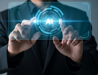 Businessman interacting with futuristic AI interface in dark suit