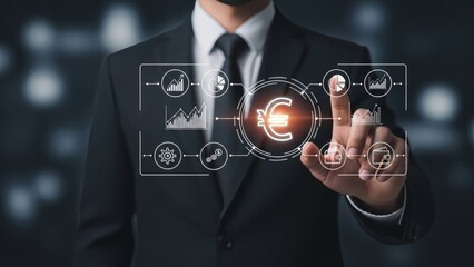 Businessman interacting with futuristic financial interface