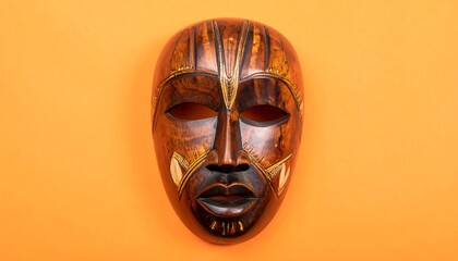 A close-up shot showcasing a wooden mask. The mask has an intricate design and sits on an orange background
