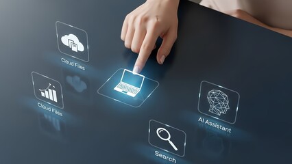 Woman interacting with futuristic digital interface for cloud computing