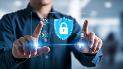 Man interacting with virtual security interface with lock shield