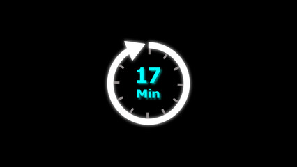 17 Min clock icon illustration. 17 minute illustration on black background and creating a stunning 4k illustration.