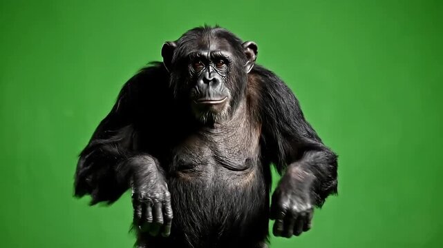Chimpanzee in motion against green background, dynamic and expressive