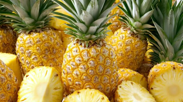 Fresh pineapples and cut pieces display in a bright market setting during daytime