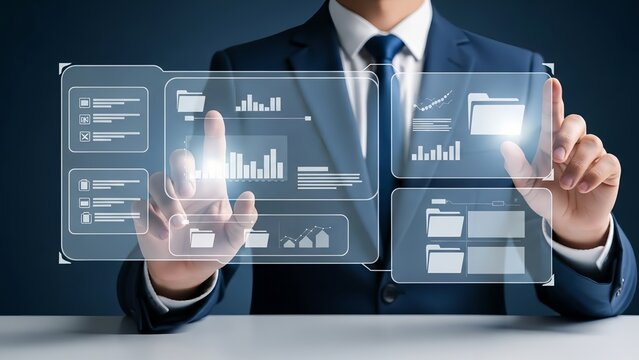 Businessman interacting with futuristic data visualization interface - Powered by Adobe