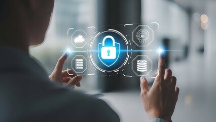 Person interacting with futuristic cybersecurity interface with padlock