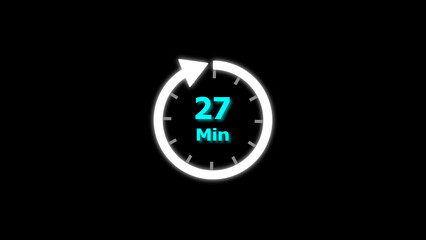 27 Min clock icon illustration. 27 minute illustration on black background and creating a stunning 4k illustration.