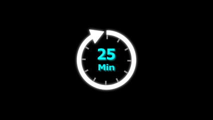 25 Min clock icon illustration. 25 minute illustration on black background and creating a stunning 4k illustration.