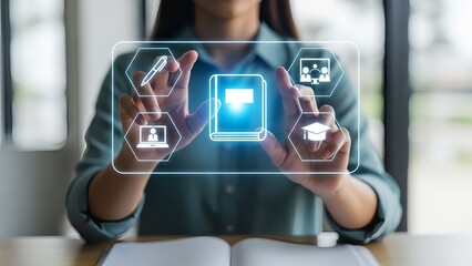 Woman interacting with digital education icons on screen