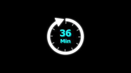 36 Min clock icon illustration. 36 minute illustration on black background and creating a stunning 4k illustration.