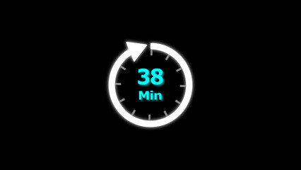 38 Min clock icon illustration. 38 minute illustration on black background and creating a stunning 4k illustration.
