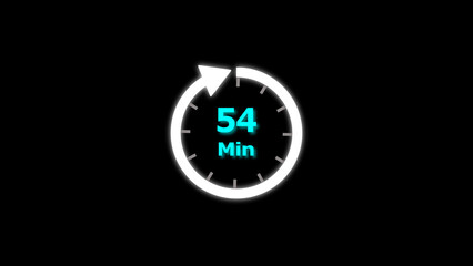 54 Min clock icon illustration. 54 minute illustration on black background and creating a stunning 4k illustration.