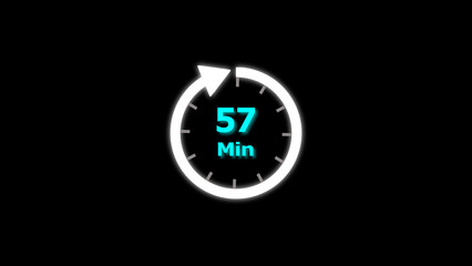 57 Min clock icon illustration. 57 minute illustration on black background and creating a stunning 4k illustration.