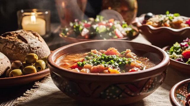 A vibrant bowl of stew garnished with fresh herbs sits on a table surrounded by various dishes and bread in a warm ambiance.