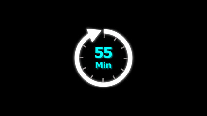 55 Min clock icon illustration. 55 minute illustration on black background and creating a stunning 4k illustration.