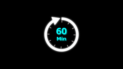 60 Min clock icon illustration. 60 minute illustration on black background and creating a stunning 4k illustration.