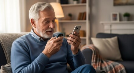 Elderly man using two devices for communication or data transfer. Senior person with modern technology for connection and virtual life.