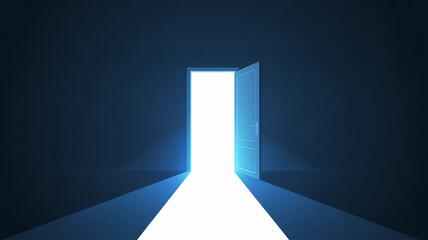 Bright opportunity ahead with open door in dark room