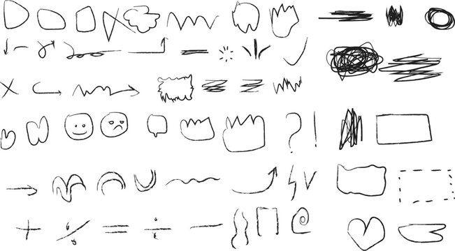 Hand-drawn doodle elements collection: arrows, shapes, emojis, and rough scribbles for design projects