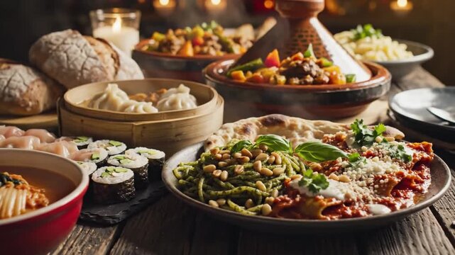 A vibrant assortment of international dishes beautifully arranged on a rustic wooden table, captured from a close-up viewpoint.