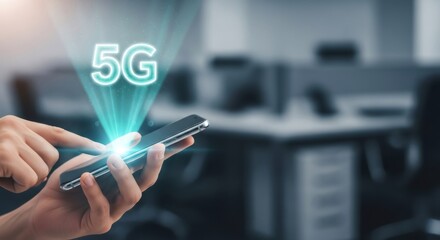 Man holding smartphone with glowing 5g hologram. High speed network for communication and mobile data. Future connectivity concept.