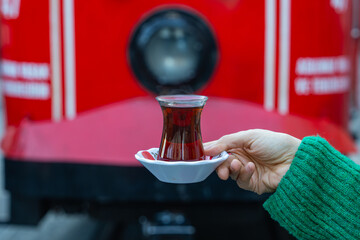 Turkish Tea Photo in Front of Istanbul Symbol Galata Tower, Galata Tower Beyoglu, Istanbul Turkiye (Turkey)