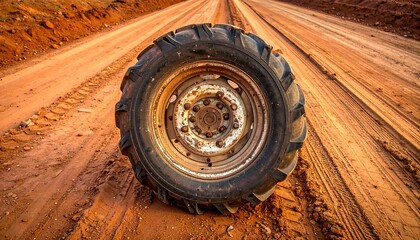 A close-up of a weathered, heavy-duty tire with a rusty wheel sits on a muddy, dirt road under a sunny sky