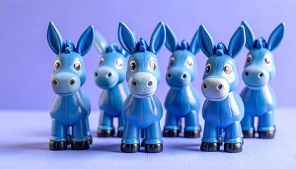 Obraz premium A close-up shot of several blue, toy donkeys arranged in a row, each with large eyes and a friendly demeanor. The background is a gradient purple