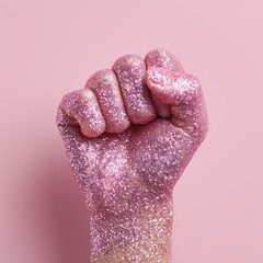 Glittering Pink Fist on Pastel Background